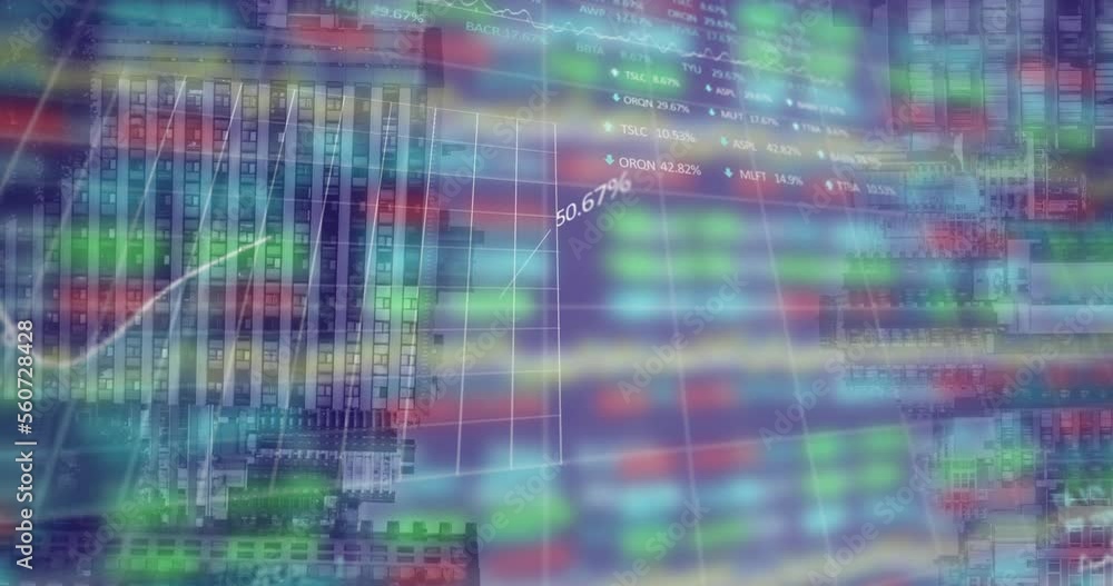 Aufkleber animation of stock market data processing against view of inverted tall buildings