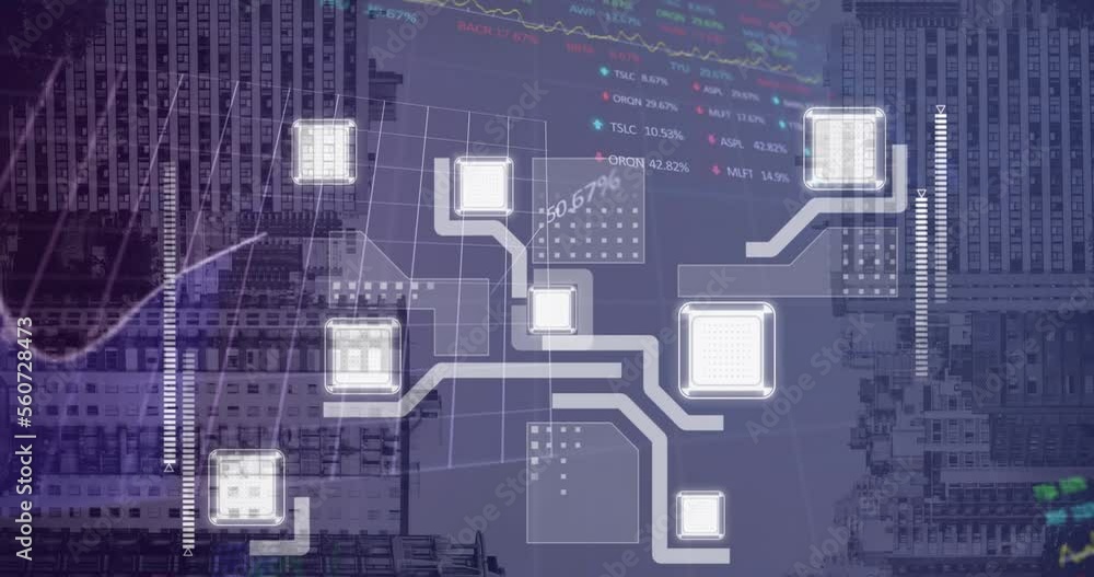 Poster animation of stock market data processing against view of inverted tall buildings