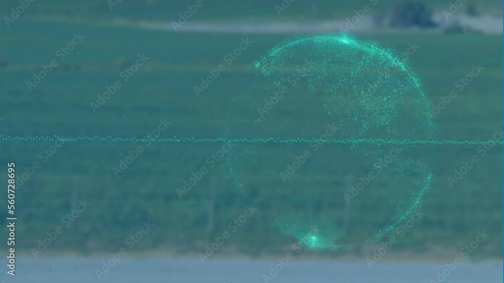 Poster animation of financial graphs and globe over blurred background