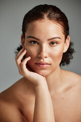 Black woman, skincare and natural face for beauty cosmetic and glow treatment campaign portrait....