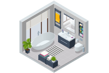 Isometric Modern bathroom interior with white toilet, mirror, sink and bathtub.