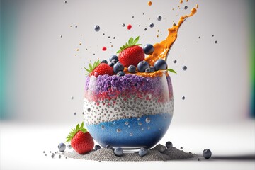  a colorful dessert with strawberries and blueberries in it is being poured with orange juice and orange juice on top of it is a blue and white background is also with a splashing. Generative AI © Anna