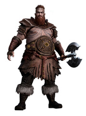 A large, strong Viking with a red beard and hair in leather armor with a silver ax in his hand. Brutal northern warrior with a big belt on his belly in full height without background, 3d character.