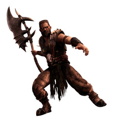 Brutal, strong man hunter with a scar on his face and beard. Mountain warrior, barbarian in leather armor with a large ax in his hand in full growth, no background, 3d fantasy character.