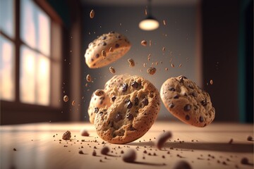  a group of cookies flying through the air with a window in the background and scattered chocolate chips falling from the ceiling to the floor below, with a light bulb on a table with a.