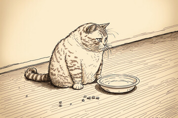 cat sits in front of an empty plate
