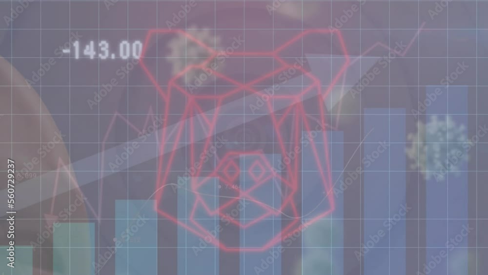 Poster animation of statistical data processing and covid-19 cells floating against bear face icon