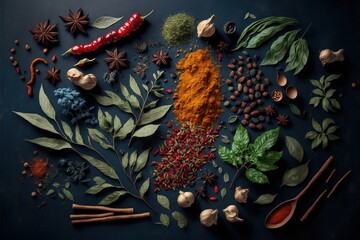 a variety of spices and herbs on a dark surface with leaves and spices on the side of the image, including pepper, basil, garlic, bay leaves, and other spices, and other herbs.