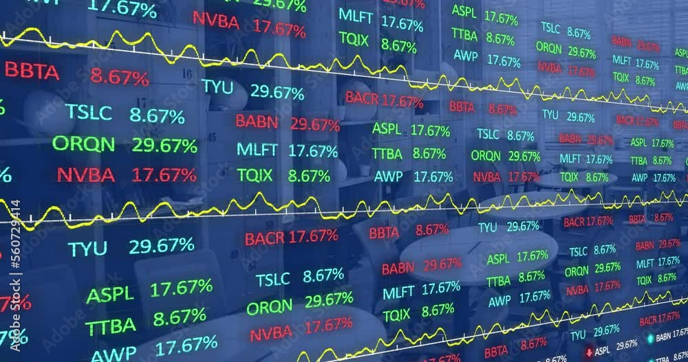 Poster animation of statistics and financial data processing over modern office