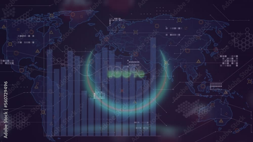 Poster animation of statistical data processing and covid-19 cells over world map on blue background