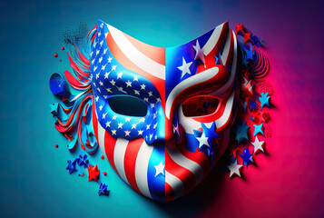 bright multicolored carnival mask in the colors of the flag of the united states of america, festival and entertainment concept, space for text