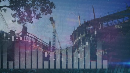 Animation of statistical data processing and changing numbers floating over construction site - Powered by Adobe