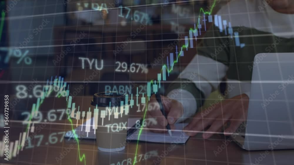 Poster animation of financial data processing over over mid section of a man taking notes