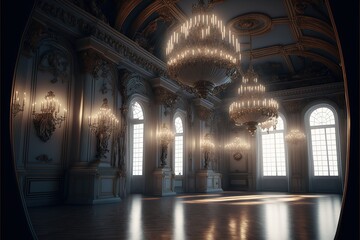 an empty glamorous rococo baroque ballroom generated by AI - obrazy, fototapety, plakaty