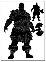 A large, strong Viking with a beard and hair in leather armor with a large ax in his hand. Brutal northern warrior with a big belt on his belly in full height without background, silhouette character.