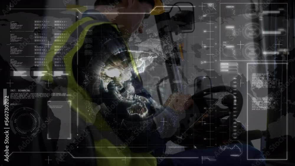 Poster animation of data processing over male worker using digital tablet in a forklift at warehouse