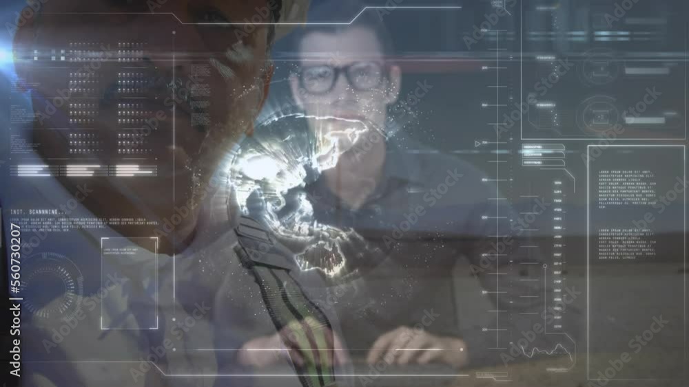 Poster animation of interface with data processing caucasian man using computer against male engineer