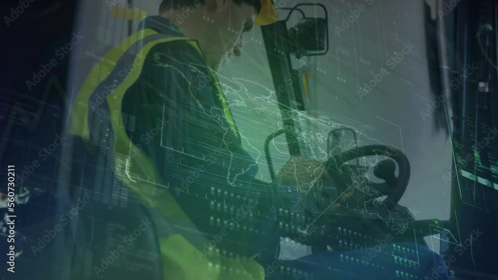 Poster animation of data processing over male worker using digital tablet in a forklift at warehouse