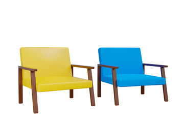 blue and yellow sofa simple furniture or chairs Modern style sofa in the living room. 3D illustration - clipping path