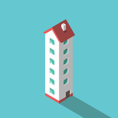 Isometric high-rise house, six-storey. Large expensive cottage project, extravagant home and real estate price growth concept. Flat design. EPS 8 vector illustration, no transparency, no gradients