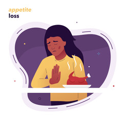 Vector illustration of a woman with loss of appetite, refusing to eat. A symptom of stress, anxiety, depression, flu or indigestion. Concept for healthcare articles, blogs, and mental health awareness