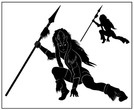A beautiful mysterious Amazon in clothes and a headdress made of skin and feathers with a skull on her head. Woman warrior, hunter with a spear in hand in full height, silhouette fantasy character.