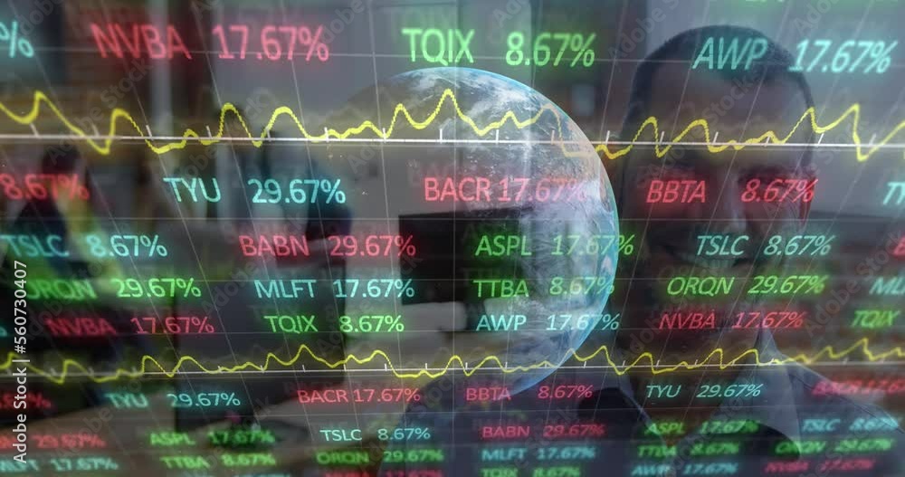 Poster animation of financial data processing over globe and businessman working in office