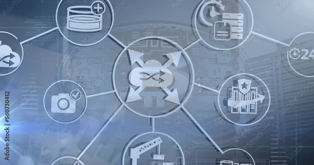 Poster animation of network with icons and data processing with bitcoin symbol over cityscape