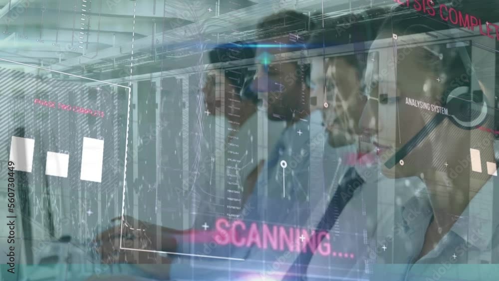 Poster animation of data processing over business people using phone headsets