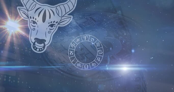 Animation of zodiac wheel with taurus sign and data processing over bitcoin symbol
