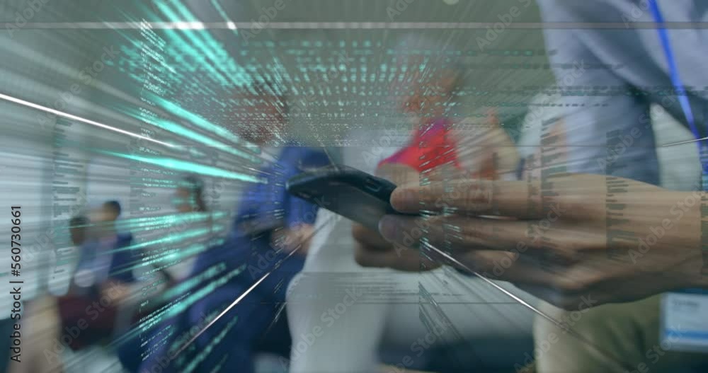 Poster animation of data processing over businessman using smartphone