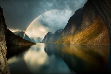  a rainbow is seen over a mountain lake with a rainbow in the sky above it and a rainbow in the water below it, with a dark sky and clouds and mountains in the background.
