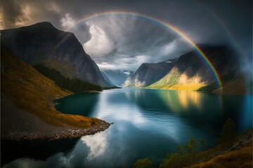  a rainbow is shining in the sky over a lake and mountains with a rainbow in the sky above it and a rainbow in the water below it, and a rainbow in the sky above.