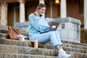 Wow, success or excited college student with news, results or report feedback at university campus...