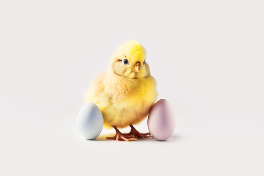 Cute little yellow fluffy eastern chick on a white studio background with pastel easter eggs. Ultra Realistic Digital Illustration. With space for text and designs.