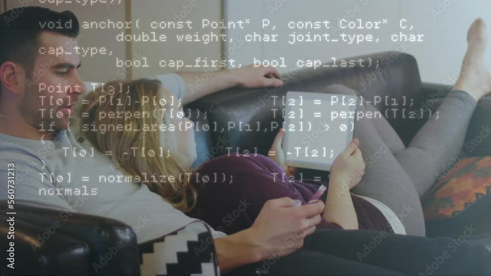 Poster animation of financial data processing over man and woman using smartphone and tablet