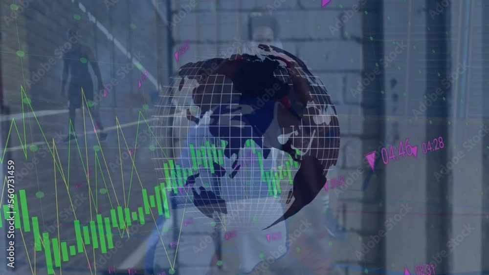 Poster animation of financial data processing and globe over diverse basketball players