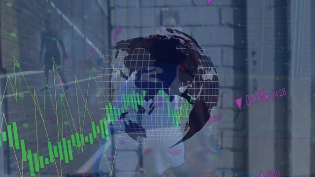 Animation of financial data processing and globe over diverse basketball players