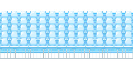 Rows of blue plastic stadium seat in front view with metal fence, empty tribunes before sports events, tileable horizontally, isolated © Oceloti