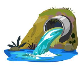 Water pollution from industrial pipe, ecological disaster, dirty toxic effluents, environmental pollution, large metal pipe on the shore releases toxic waste into the river, isolated