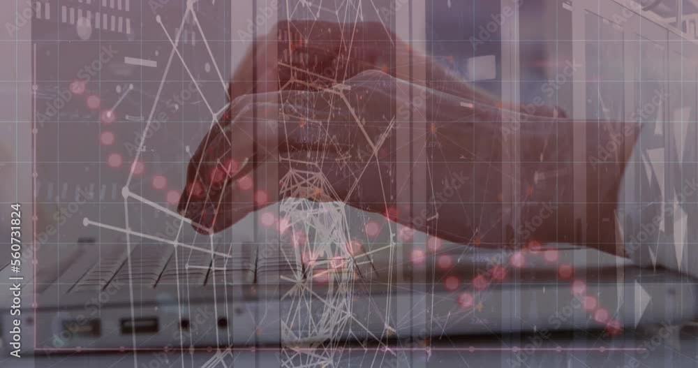 Poster animation of network of connections over server room and hands typing on keyboard