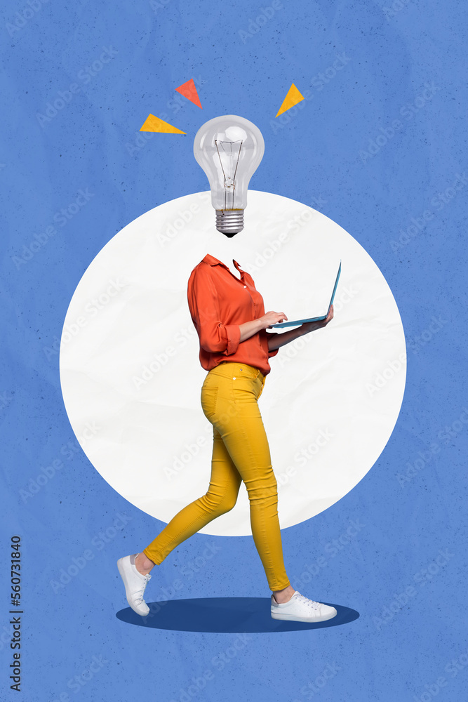 Sticker Collage photo of young programmer it developing company owner businesswoman genius idea lightbulb laptop typing isolated on blue background