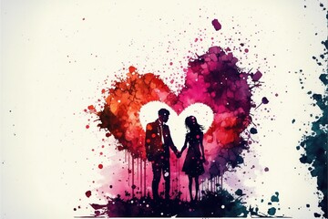 Obraz na płótnie Canvas Valentine's Day watercolor wallpaper with Heart and couple in love no text Ai generated art