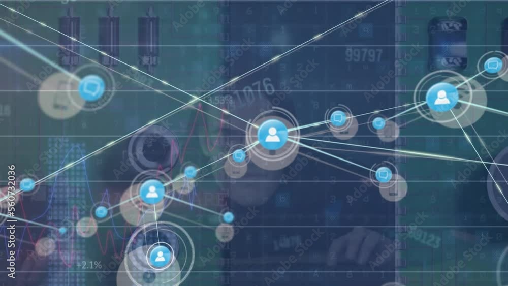 Poster animation of data processing over computing board and caucasian male hacker
