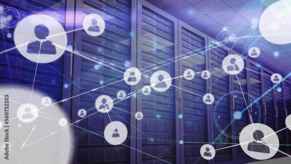 Poster animation of network of connections with icons over server room