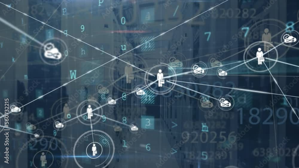Poster animation of network of connections with icons over server room and data processing