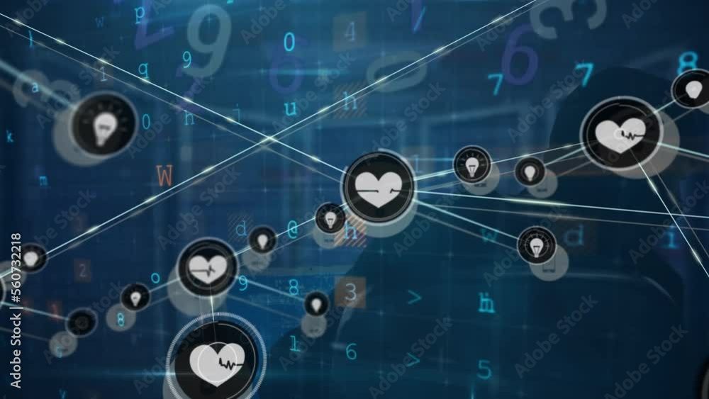 Poster animation of network of connections with icons over caucasian male hacker and data processing
