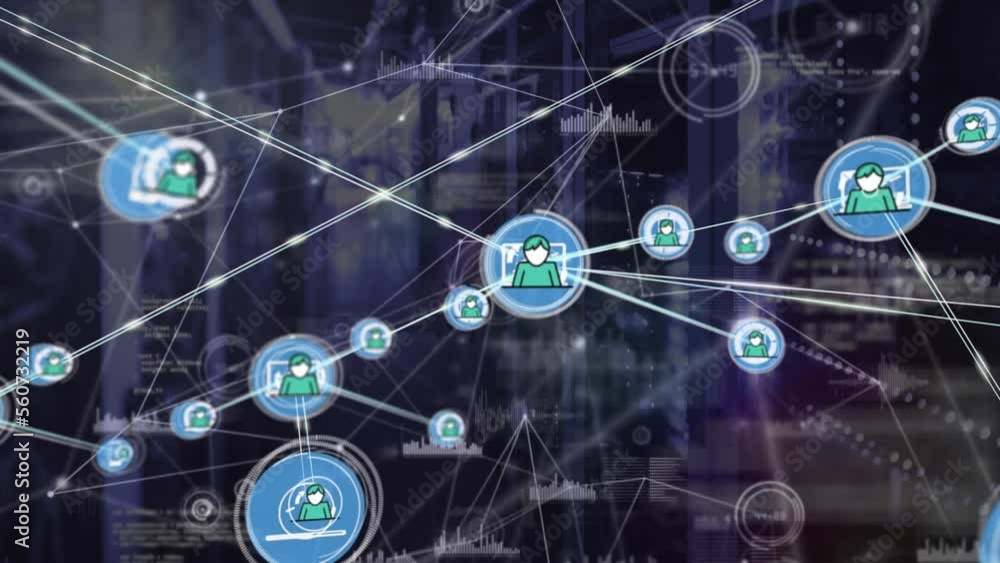 Poster animation of network of connections with icons over server room and data processing