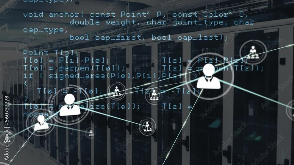 Poster animation of network of connections with icons over server room and data processing