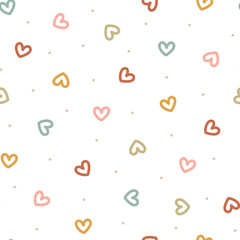 Abstract seamless vector pattern with hand drawn colorful hearts. Cute modern background for kids room decor, nursery art, apparel, gift, fabric, textile, wrapping paper, wallpaper, packaging.